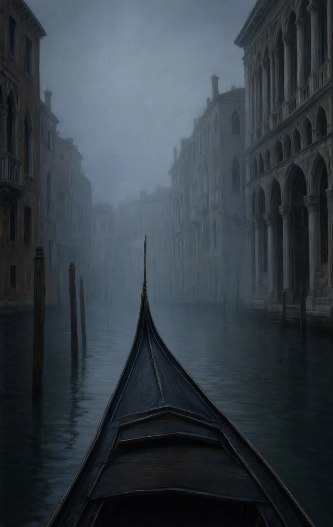 A still canal at dawn, a gondola prow and palazzi in the fog