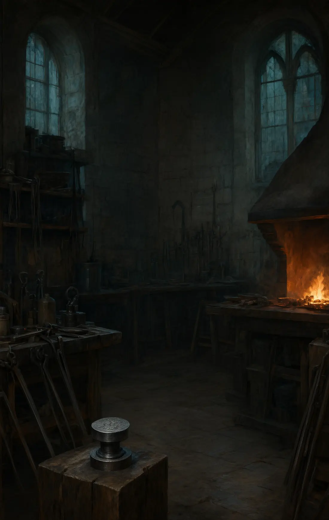The mint workshop, a forge glowing in the dark